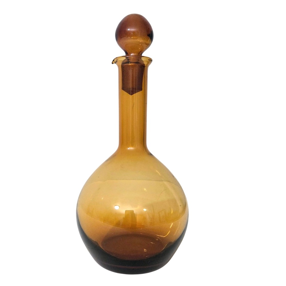Vintage Amber Glass Decanter w/ Stopper Mid Century Modern Bottle Amber Retro